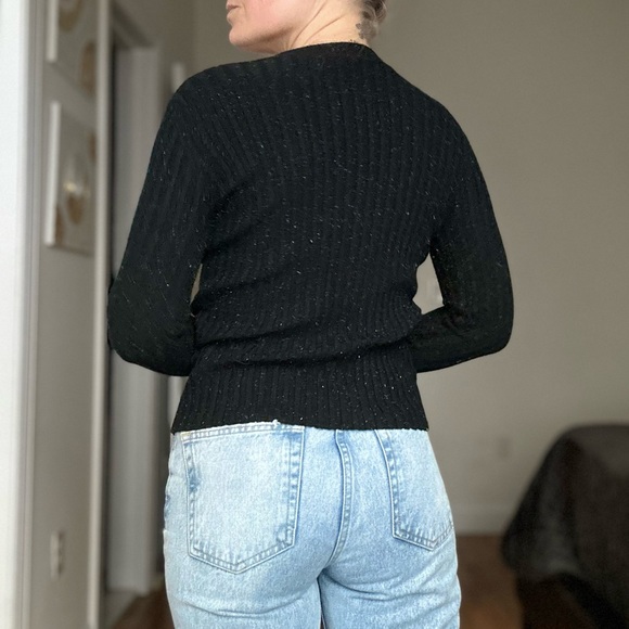 Designer Rib Knit Asymmetrical Cardigan with Lurex Knit and Gold Buttons - Picture 5 of 10